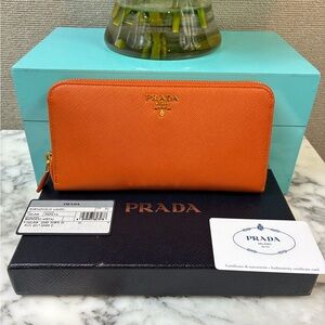 Prada Portafoglio Lampo Papaya Auburn Saffiano Leather Zip Around Wallet - NWT